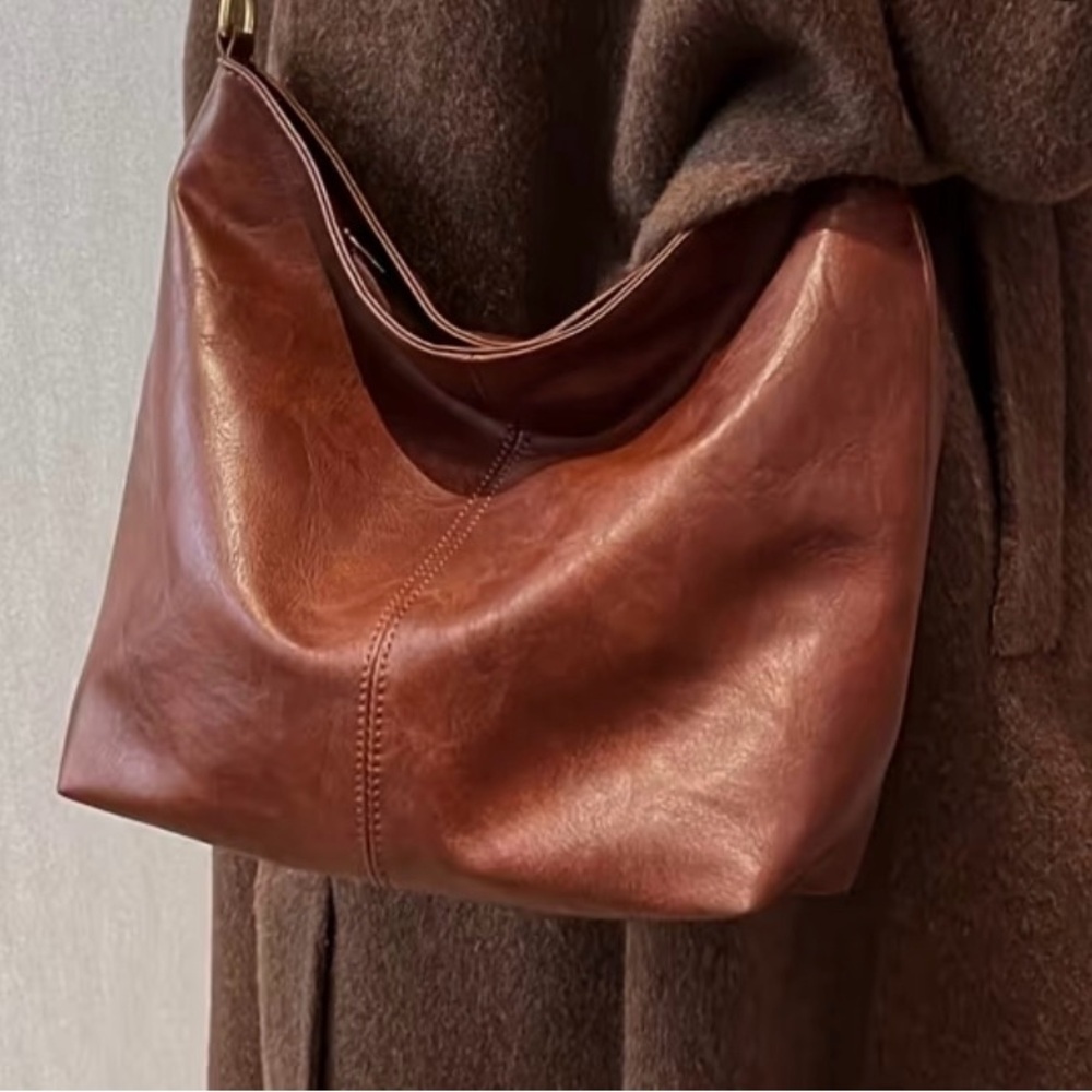 Brown Faux Leather Tote Bag Adjustable Strap - Picture 6 of 7